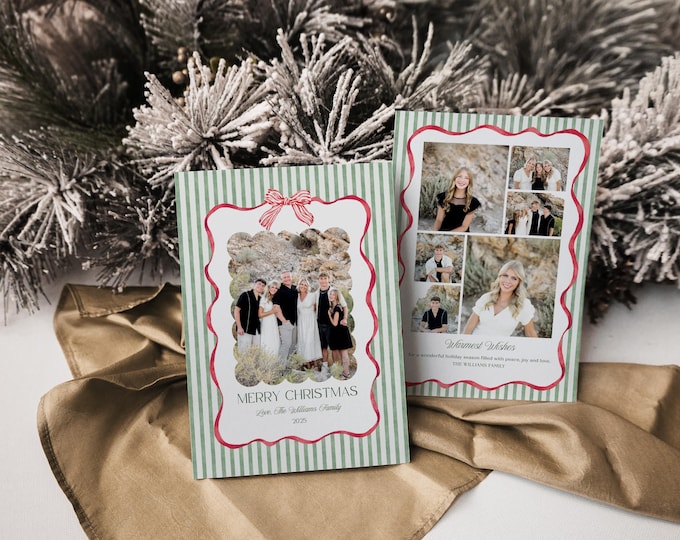 Bow & Stripes Editable Photo Christmas Card Template: Canva Holiday Card (Digital Download)