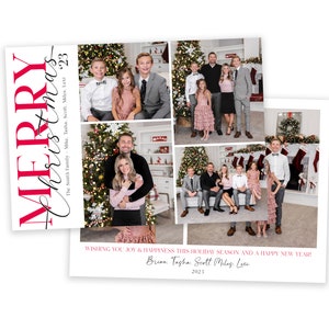 May include: A Christmas card featuring a collage of photos of a family in front of a Christmas tree. The card reads "Merry Christmas" and "The Smith Family: Mike, Tasha, Scott, Miles, Lexi" and "Wishing you joy and happiness this holiday season and a happy new year! Brian, Tasha, Scott, Miles, Lexi 2023".