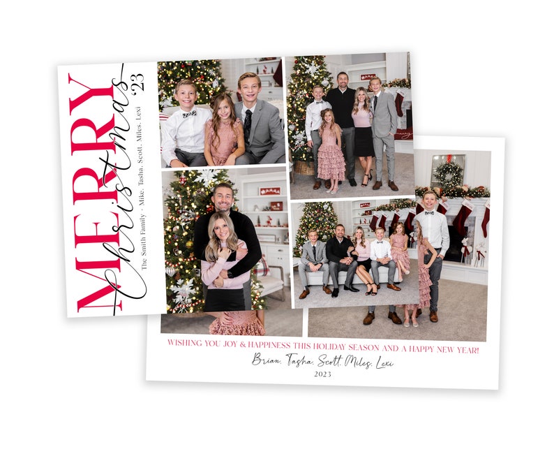 May include: A Christmas card featuring a collage of photos of a family in front of a Christmas tree. The card reads "Merry Christmas" and "The Smith Family: Mike, Tasha, Scott, Miles, Lexi" and "Wishing you joy and happiness this holiday season and a happy new year! Brian, Tasha, Scott, Miles, Lexi 2023".