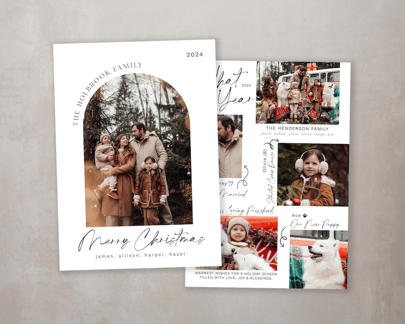 May include: A Christmas card featuring a family photo with a white background and a festive red and green border. The text "Merry Christmas" is written in cursive with the names "james, allison, harper, hazel" underneath. The year "2024" is printed in the top right corner.