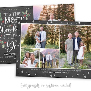 May include: A Christmas card with a chalkboard background featuring a collage of family photos. The text on the card reads "It's the Most Wonderful Time of the Year" and "The Taylor Family, Jeff & Elizabeth, 2020".
