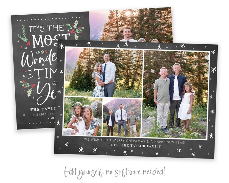May include: A Christmas card with a chalkboard background featuring a collage of family photos. The text on the card reads "It's the Most Wonderful Time of the Year" and "The Taylor Family, Jeff & Elizabeth, 2020".