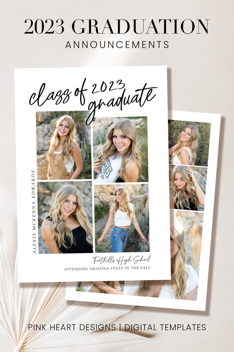 May include: Graduation announcement card with a collage of photos of a young woman. The card features the text "class of 2023 graduate" and "Foothills High School attending Arizona State in the fall".