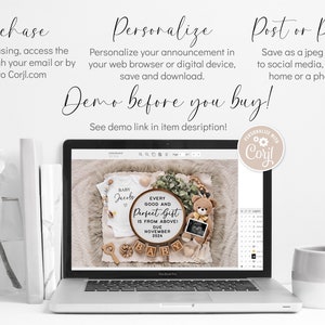 May include: A laptop screen displaying a digital design template for a baby announcement. The design features a wooden round sign with the text "Every good and perfect gift is from above!" and a due date of November 2024. The design also includes a baby onesie, a teddy bear, and wooden blocks spelling out "BABY".