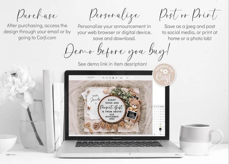 May include: A laptop screen displaying a digital design template for a baby announcement. The design features a wooden round sign with the text "Every good and perfect gift is from above!" and a due date of November 2024. The design also includes a baby onesie, a teddy bear, and wooden blocks spelling out "BABY".