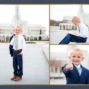May include: A young boy in a blue suit and green tie stands in front of a white building. He is holding a jacket over his shoulder and smiling. In another image, he is sitting on the ground reading a book. In the third image, he is holding up his hand with a ring on his finger.