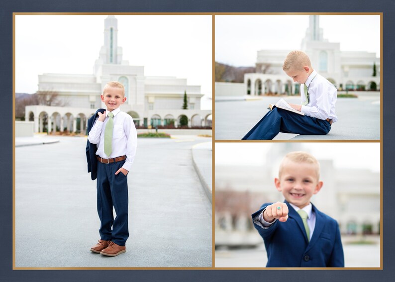 May include: A young boy in a blue suit and green tie stands in front of a white building. He is holding a jacket over his shoulder and smiling. In another image, he is sitting on the ground reading a book. In the third image, he is holding up his hand with a ring on his finger.