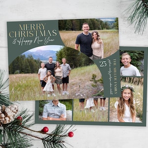 May include: A green Christmas card featuring a collage of family photos. The card includes the text "Merry Christmas & Happy New Year" and "The Miller Family" with the year 2023.