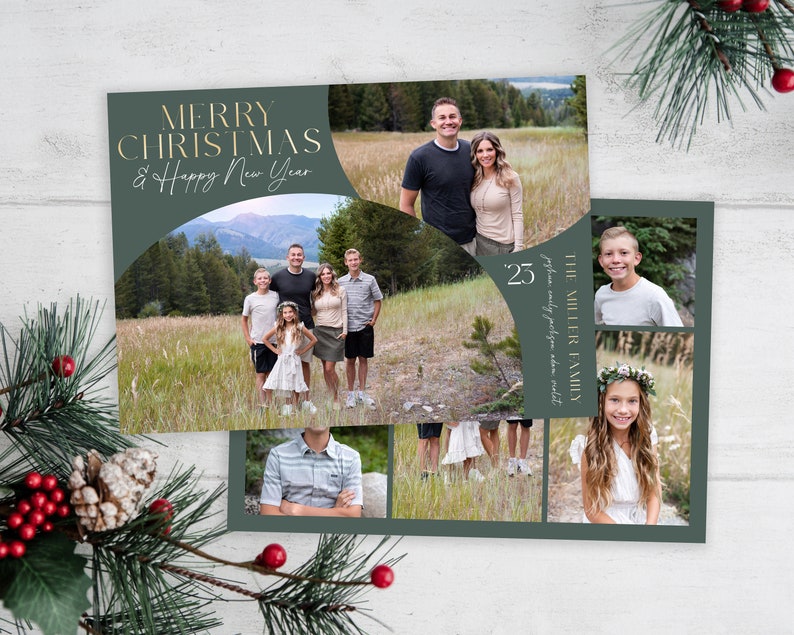 May include: A green Christmas card featuring a collage of family photos. The card includes the text "Merry Christmas & Happy New Year" and "The Miller Family" with the year 2023.
