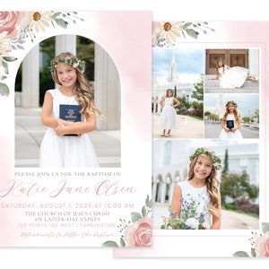 May include: Invitation to a baptism for Katie Jane Olsen, featuring a photo of the girl in a white dress holding a book, and a collage of photos of her at a church. The invitation includes the date, time, and location of the baptism.