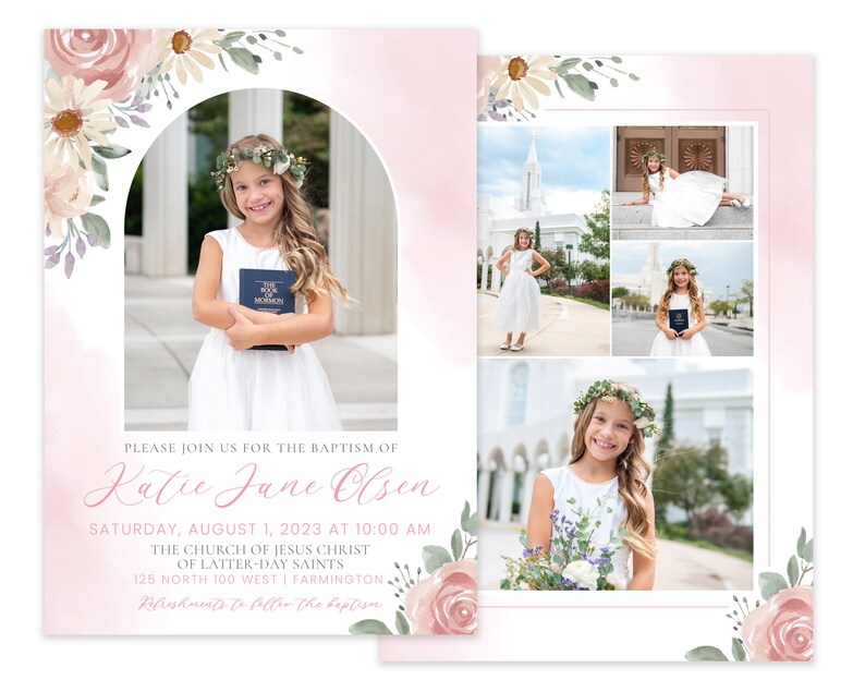 May include: Invitation to a baptism for Katie Jane Olsen, featuring a photo of the girl in a white dress holding a book, and a collage of photos of her at a church. The invitation includes the date, time, and location of the baptism.
