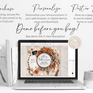 May include: A laptop screen displaying a digital design template for a fall-themed baby announcement. The design features a wreath of autumn leaves, a teddy bear, a pumpkin, and a sign that reads "Get Ready to Fall in Love, Arriving March 2024".