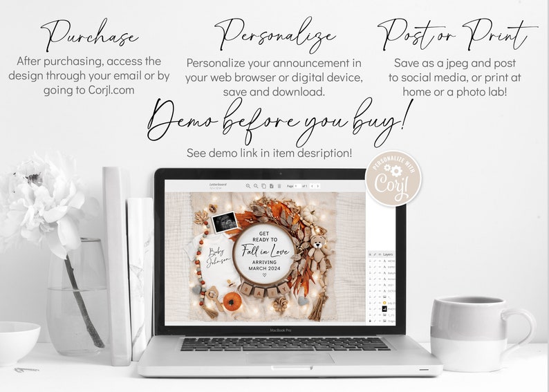 May include: A laptop screen displaying a digital design template for a fall-themed baby announcement. The design features a wreath of autumn leaves, a teddy bear, a pumpkin, and a sign that reads "Get Ready to Fall in Love, Arriving March 2024".