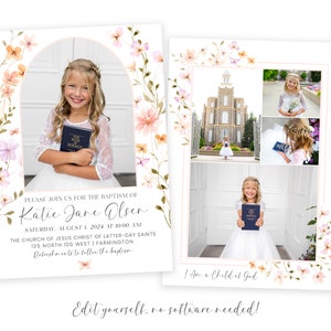 Puede incluir: Una invitaci&oacute;n de bautismo con un borde floral y una foto de una ni&ntilde;a sosteniendo un libro. El texto dice "Por favor, &uacute;nase a nosotros para el bautismo de Katie Jane Olsen, S&aacute;bado, 1 de agosto de 2024 a las 10:00 AM, La Iglesia de Jesucristo de los Santos de los &Uacute;ltimos D&iacute;as, 125 North 100 West | Farmington, Refrescos despu&eacute;s del bautismo, Soy un hijo de Dios."