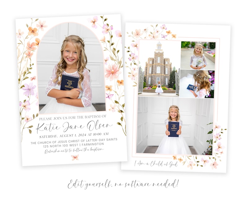 Puede incluir: Una invitaci&oacute;n de bautismo con un borde floral y una foto de una ni&ntilde;a sosteniendo un libro. El texto dice "Por favor, &uacute;nase a nosotros para el bautismo de Katie Jane Olsen, S&aacute;bado, 1 de agosto de 2024 a las 10:00 AM, La Iglesia de Jesucristo de los Santos de los &Uacute;ltimos D&iacute;as, 125 North 100 West | Farmington, Refrescos despu&eacute;s del bautismo, Soy un hijo de Dios."
