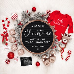 May include: A Christmas-themed baby announcement with a letter board that reads "A Special Christmas Gift is Due to Be Unwrapped June 2024". The board is surrounded by red and white ornaments, a red onesie with the name "Baby Williams" on it, and a baby's ultrasound image.