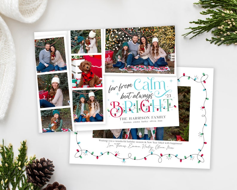 May include: Christmas card featuring a family photo with a dog, a festive string of lights border, and the text "far from calm but always BRIGHT" with the year 2023 and the family name "The Harrison Family".