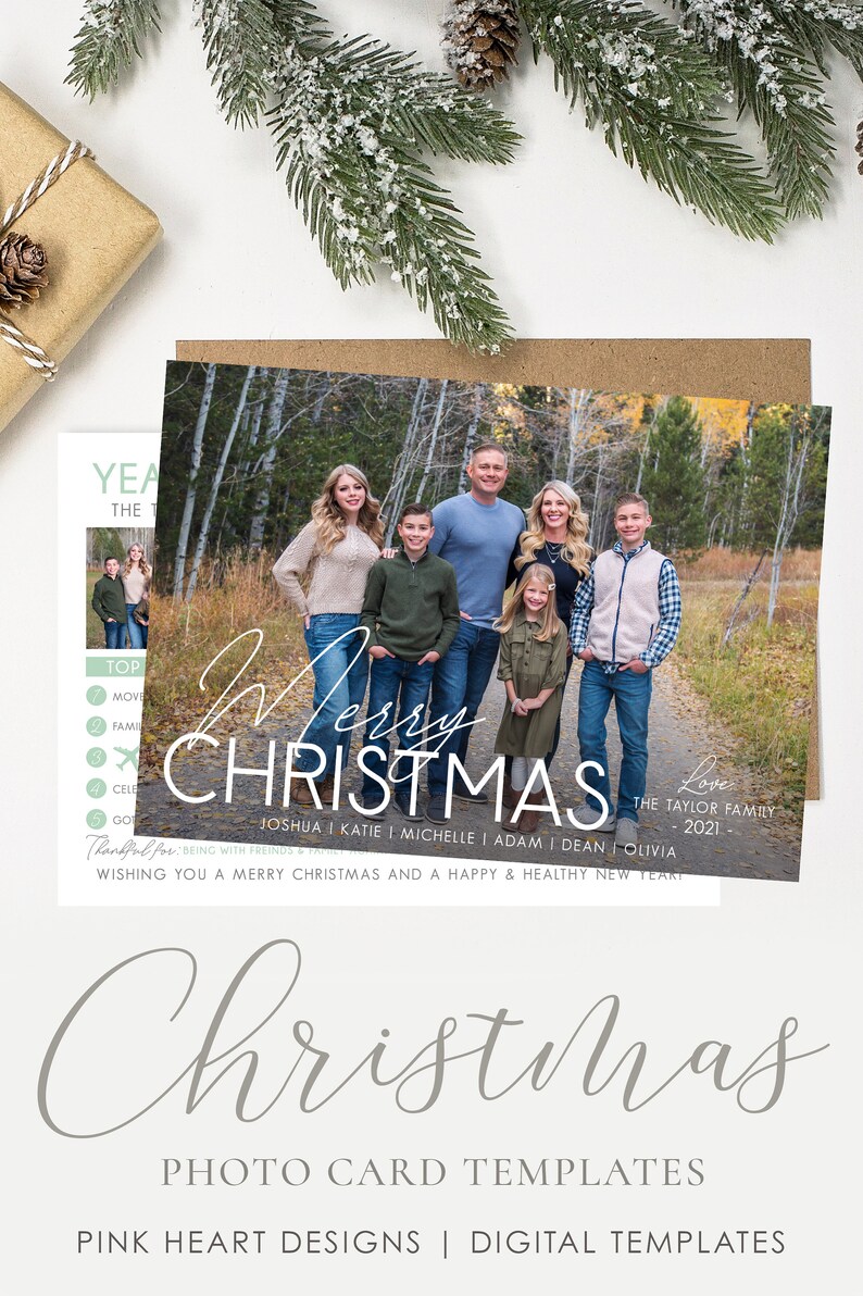 May include: A Christmas card template featuring a family of seven standing on a path in a forest. The card has a white background with the text "Merry Christmas" in a bold, white font. The text "Love, The Taylor Family 2021" is in a smaller, white font below the main text. The card also includes the text "Wishing you a Merry Christmas and a Happy & Healthy New Year!" in a smaller, white font at the bottom.