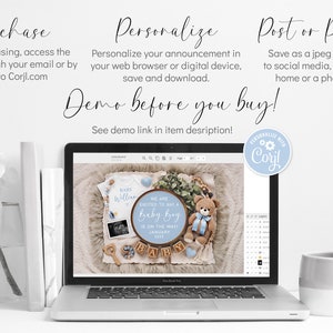 May include: A laptop screen displaying a digital design template for a baby announcement. The design features a blue and white color scheme with a teddy bear, a wooden sign that says "We are excited to say a Baby Boy is on the way", and a baby onesie. The text "PERSONALIZE WITH Corjl" is visible in the upper right corner of the screen.