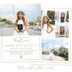 K&ouml;nnte beinhalten: Tauf-Einladung mit einem Foto eines M&auml;dchens in einem wei&szlig;en Kleid und Blumenkranz, das ein Buch h&auml;lt. Die Einladung enth&auml;lt Details zur Taufe von Katie Ann Monson am 4. Juni 2021 um 11:00 Uhr in der Kirche Jesu Christi der Heiligen der Letzten Tage.