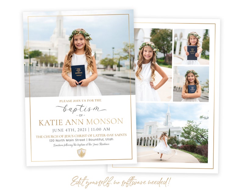 K&ouml;nnte beinhalten: Tauf-Einladung mit einem Foto eines M&auml;dchens in einem wei&szlig;en Kleid und Blumenkranz, das ein Buch h&auml;lt. Die Einladung enth&auml;lt Details zur Taufe von Katie Ann Monson am 4. Juni 2021 um 11:00 Uhr in der Kirche Jesu Christi der Heiligen der Letzten Tage.