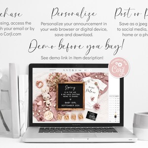 May include: A laptop screen displaying a digital design template for a baby announcement. The design features a chalkboard with the text "Spring is in the air & we have exciting news to share! Baby Girl September 2024" and a baby onesie with the text "Baby Palmer". The design is surrounded by pink and white flowers, a bunny, and other baby-themed decorations.