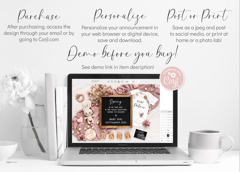 May include: A laptop screen displaying a digital design template for a baby announcement. The design features a chalkboard with the text "Spring is in the air & we have exciting news to share! Baby Girl September 2024" and a baby onesie with the text "Baby Palmer". The design is surrounded by pink and white flowers, a bunny, and other baby-themed decorations.