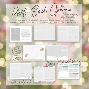 May include: A digital collage of different photo back options for a Christmas scrapbook or photo album. The options include a variety of layouts, colors, and designs. The text on the image reads "Photo Back Options", "Demo designs, before purchase!" and "All options are included with purchase! Choose the back you prefer, save and print! Easy to add photos, change colors, text & fonts!"