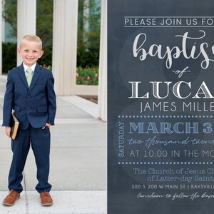 May include: A boy in a dark blue suit and light green tie stands in front of a building. He is holding a book in his left hand. The text on the invitation reads: "Please join us for the baptism of Lucas James Miller, March 3rd, two thousand twenty-one at 10:00 in the morning. The Church of Jesus Christ of Latter-day Saints, 300 S 200 W Main St I Kaysville, Utah. Luncheon to follow the baptism."