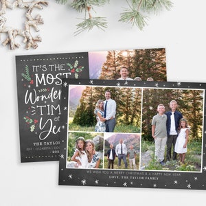 May include: A Christmas card with a chalkboard background featuring a collage of family photos. The text reads "It's the most wonder tim of yeu" and "The Taylor Family Jeff & Elizabeth | Coco 202". The card also includes the message "We wish you a Merry Christmas & a Happy New Year! Love, The Taylor Family".