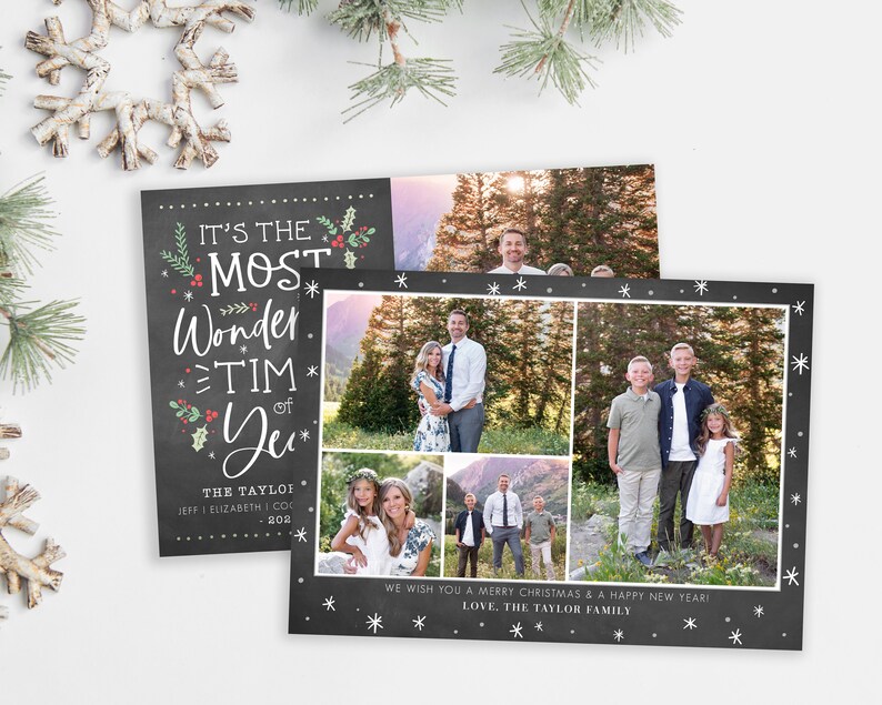 May include: A Christmas card with a chalkboard background featuring a collage of family photos. The text reads "It's the most wonder tim of yeu" and "The Taylor Family Jeff & Elizabeth | Coco 202". The card also includes the message "We wish you a Merry Christmas & a Happy New Year! Love, The Taylor Family".