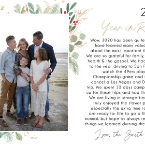 May include: A family of five poses for a photo on a sandy beach. The family is smiling and looking at the camera. The photo is framed with a green and gold floral border. The text "2020 Year in Review" is written in gold script at the top of the image. The text "Love. The Smith Family" is written in black script at the bottom of the image.