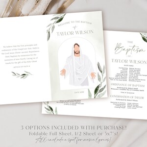 May include: A baptism invitation with a watercolor illustration of a religious figure. The invitation is in a tri-fold design with text and botanical accents. The text includes the name "Taylor Wilson" and details about the baptism.