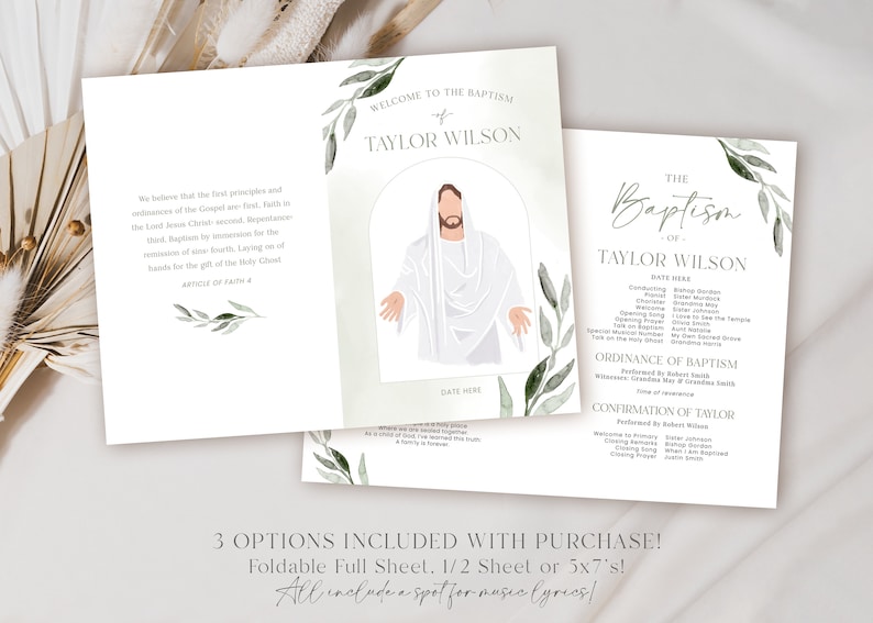 May include: A baptism invitation with a watercolor illustration of a religious figure. The invitation is in a tri-fold design with text and botanical accents. The text includes the name "Taylor Wilson" and details about the baptism.