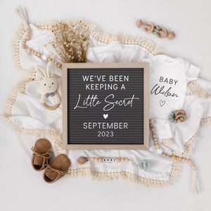 May include: A black letter board with the text "We've been keeping a little secret September 2023".  A white onesie with the text "Baby Wilson" is next to the letter board.  There are brown baby shoes, a wooden baby rattle, and a wooden bead garland with the word "baby" spelled out on it.