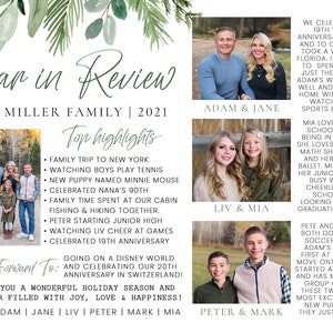 May include: A family photo collage with a green leafy border. The collage features photos of a family of six, with text that reads "Dear in Review, The Miller Family | 2021" and "Top Highlights" with a list of family activities. The text also reads "Looking Forward To: Going on a Disney World and celebrating our 20th Anniversary in Switzerland! Wishing you a wonderful holiday season and a new year filled with joy, love & happiness! With love, Adam | Jane | Liv | Peter | Mark | Mia."