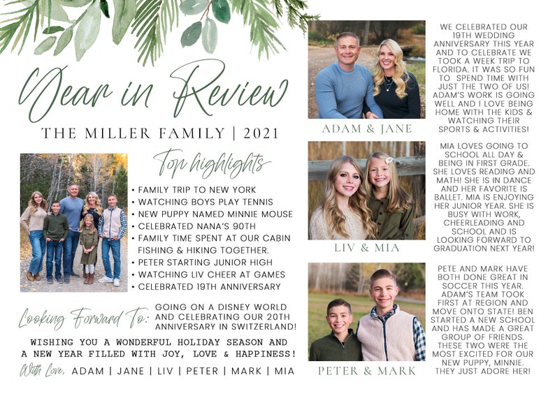 May include: A family photo collage with a green leafy border. The collage features photos of a family of six, with text that reads "Dear in Review, The Miller Family | 2021" and "Top Highlights" with a list of family activities. The text also reads "Looking Forward To: Going on a Disney World and celebrating our 20th Anniversary in Switzerland! Wishing you a wonderful holiday season and a new year filled with joy, love & happiness! With love, Adam | Jane | Liv | Peter | Mark | Mia."