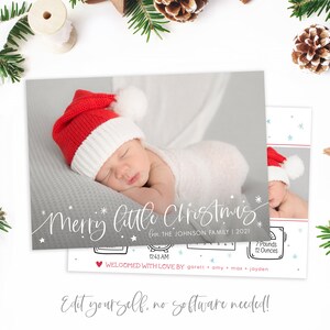 May include: A Christmas card with a photo of a baby wearing a red and white Santa hat. The card says "Merry little Christmas" and includes the baby's birth details: 7 pounds, 12 ounces, 12:43 AM, and the names of the parents.