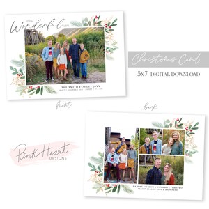 May include: A Christmas card template with a watercolor design of greenery, berries, and gold accents. The front of the card features a family photo with the text "It's a Wonderful Life" and "The Smith Family 20XX". The back of the card has a collage of family photos with the text "We hope you have a wonderful Christmas season full of love & happiness".