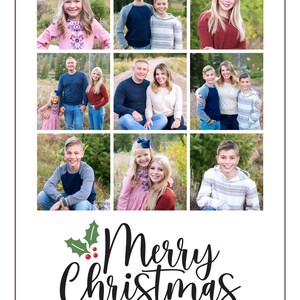 May include: A Christmas card featuring a collage of nine photos of a family. The photos show the family members in various poses and settings. The card has a festive design with the words "Merry Christmas" and "The Holmes Family -2020-."