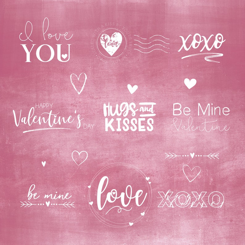 May include: Pink background with white text and hearts. The text includes "I love you", "Happy Valentine's Day", "Hugs and Kisses", "Be Mine Valentine", "be mine", "love", and "xoxo".