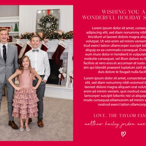 May include: A Christmas card featuring a family of five, two boys, two girls, and a man, standing in front of a fireplace decorated with stockings and a wreath. The card has a red background with white text that reads "Wishing you a Wonderful Holiday Season" and "Love, The Taylor Family" with the names of the family members listed below.