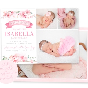 Baby Birth Announcement Template Girl Newborn Announcement Girl Birth Announcement Photo Birth Announcement DIY Template Corjl image 1