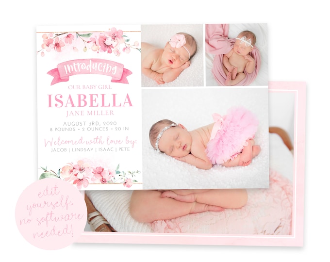 Baby Birth Announcement Template Girl - Newborn Announcement - Girl Birth Announcement - Photo Birth Announcement - DIY Template - Corjl