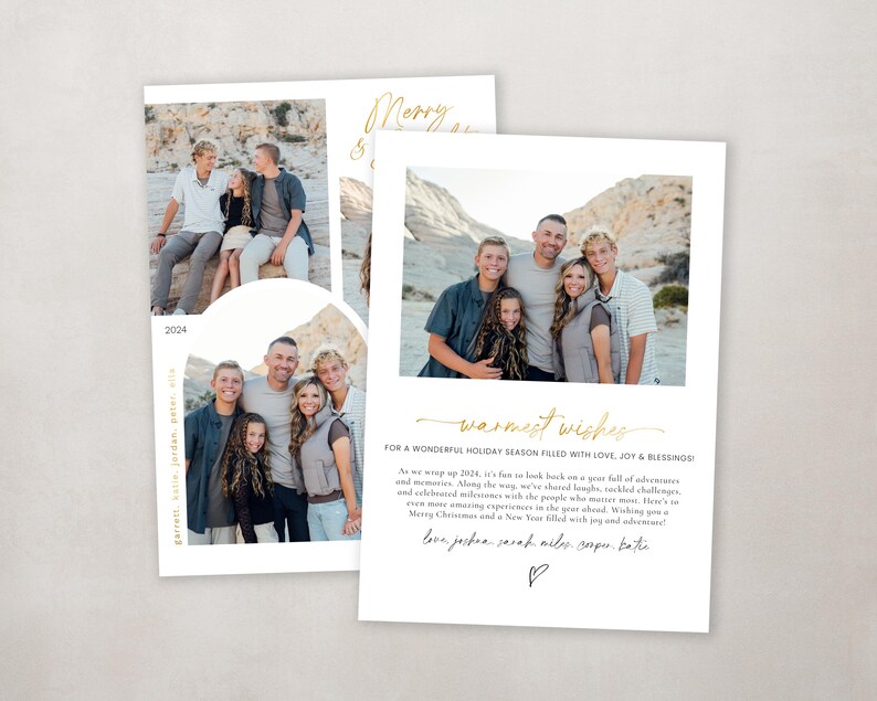 May include: A Christmas card with a photo of a family of five standing in front of a rocky landscape. The card has a gold inscription that reads "warmest wishes" and a message that says "For a wonderful holiday season filled with love, joy & blessings!" The card also includes the year 2024.