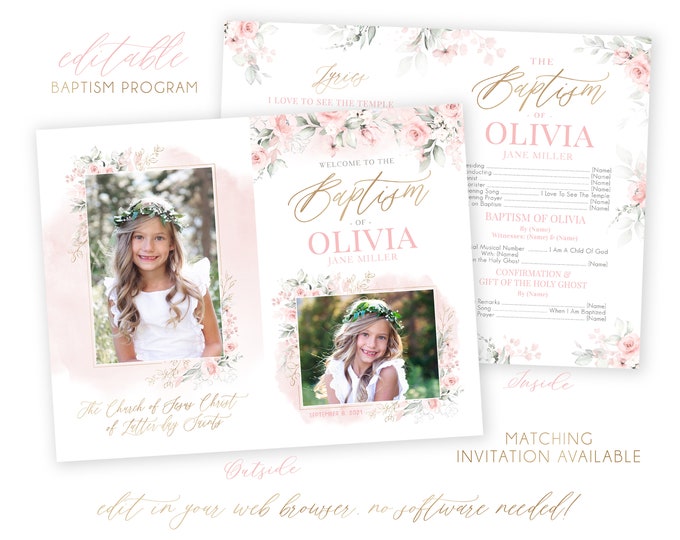 LDS Baptism Program Girl Baptism Program LDS Baptism Invitation LDS Girls Baptism Program Floral