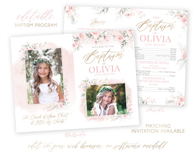 LDS Baptism Program | Baptism Program Girl | LDS Baptism Programs | Floral Program Template | LDS Baptism | Girl Baptism Program | Corjl