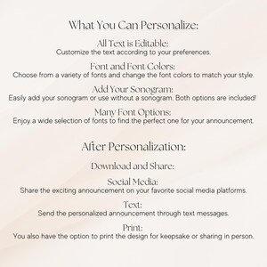 May include: Text on a white background explaining how to personalise a digital announcement. The text includes the words "What You Can Personalise", "All Text is Editable", "Font and Font Colours", "Add Your Sonogram", "Many Font Options", "After Personalisation", "Download and Share", "Social Media", "Text", and "Print".