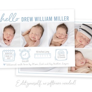 May include: A blue and white baby announcement card with a collage of photos of a newborn baby. The card includes the baby's name, birth date, time, weight, and length. The text "hello DREW WILLIAM MILLER" is at the top of the card.