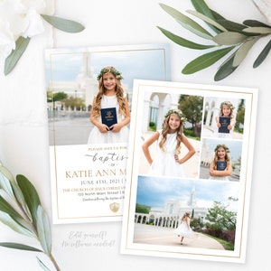 K&ouml;nnte beinhalten: Tauf-Einladung mit einem jungen M&auml;dchen in einem wei&szlig;en Kleid und Blumenkranz, das ein Buch h&auml;lt. Die Einladung enth&auml;lt den Text "PLEASE JOIN US FOR baptism of KATIE ANN M JUNE 4TH, 2021". Das Design hat einen goldenen Rand und eine Fotocollage.